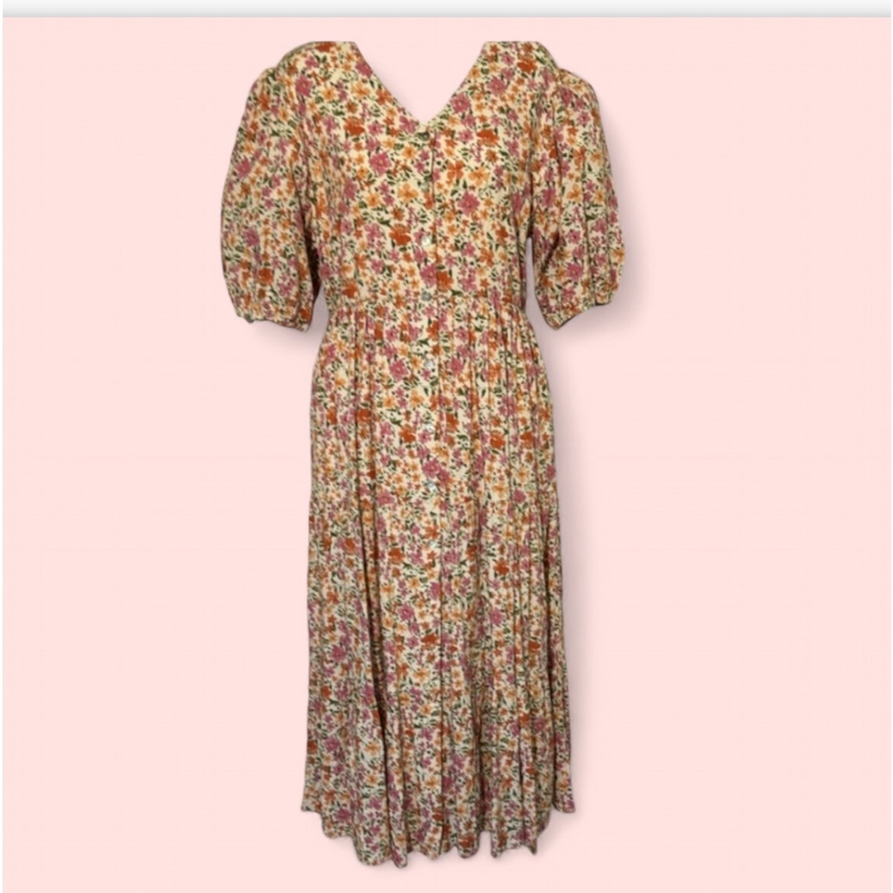 Orange Creek Los Angeles Women Floral Print MIDI Dress Size Large Ivory Apricot